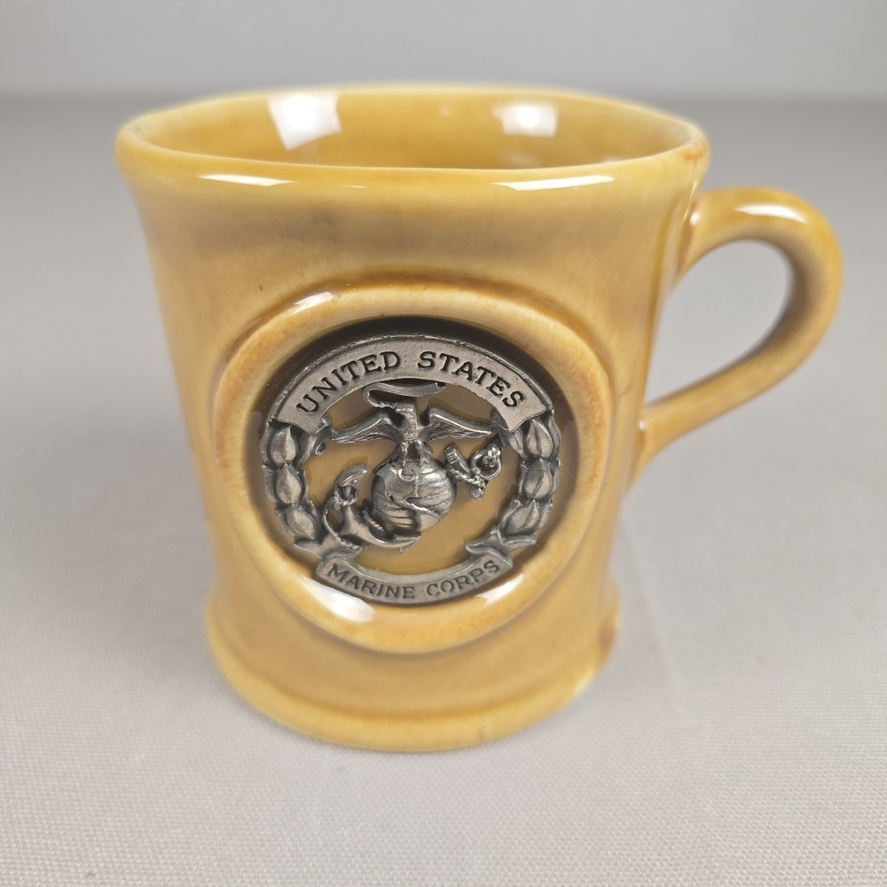Vintage USMC Coffee Mug Ceramic Gold Tan Glaze Pewter Emblem US Marine Corps Cup